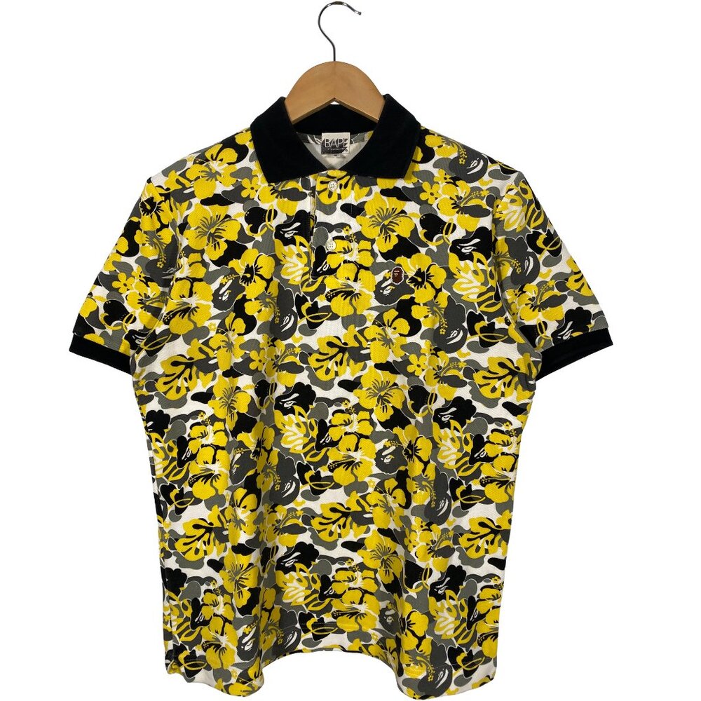 A Bathing Ape Short Sleeve Yellow Aloha Camo Pique Polo Shirt Men's size Small